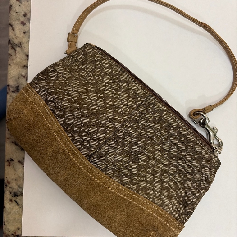 Coach Signature Canvas & Suede Wristlet | Brown Tan | Small Pochette - Picture 2 of 4